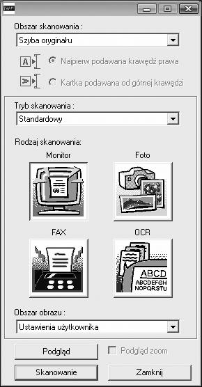 FUNKCJE SKANERA Ustawienia sterownika skanera Okno ustawień sterownika skanera składa się z "Okno konfiguracji", które umożliwia wybór ustawień skanowania oraz "Okno podglądu", które pokazuje