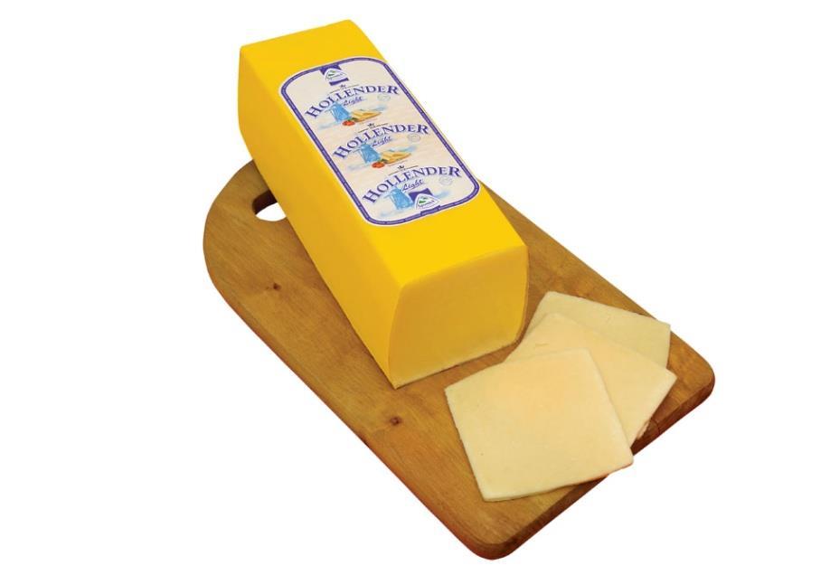 HOLLENDER Producent: SM Spomlek Typ sera: Holenderski Opis: ser o obniżonej zawartości tłuszczu (17%); subtelny smak, delikatna konsystencja rozpuszcza się w ustach, zapach