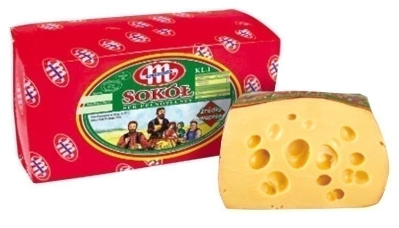 SOKÓŁ Producent: Mlekovita Typ sera: Szwajcarski Opis: aromatyczny, słodki smak, przekrój z licznymi dziurami wielkości czereśni.