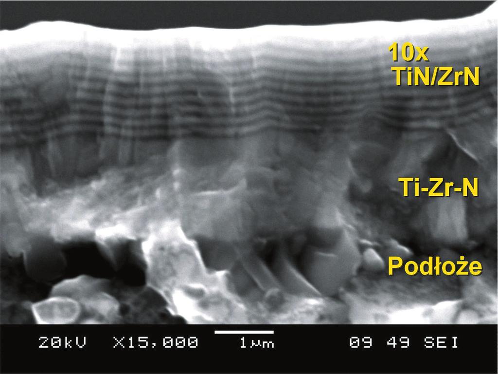 MECHANIK NR 1/2017 Ti-Zr-N, wchodząca w skład powłoki, ma nanostrukturalną budowę, wynikającą z technologii jej wykonania.