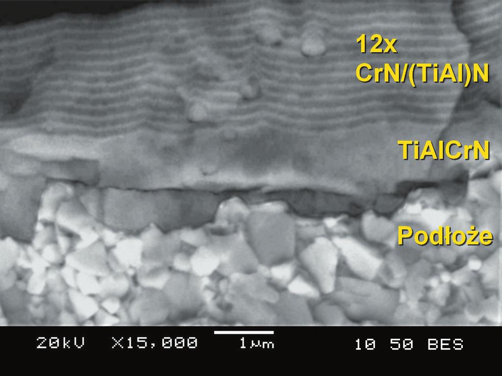 ZrN (każda o grubości ok. 150 nm). Również w tym przypadku (ze względu na opisaną technologię wykonania powłoki) warstwy te mają budowę nanostrukturalną; TiN/(TiAl)N/10x(TiN/(TiAl)N) rys.