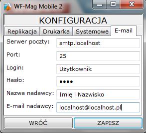 Serwer poczty w tym polu wprowadzamy adres serwera poczty wychodzącej SMTP. Port port, na którym pracuje serwer SMTP. Login i hasło dostęp do konta pocztowego.