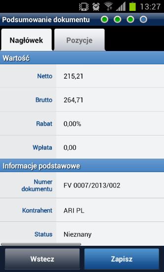 Nagłówek dokumentu handlowego - płatności Po wprowadzeniu informacji dotyczących płatności naciskamy przycisk Dalej, po czym przechodzimy do podsumowania dokumentu.