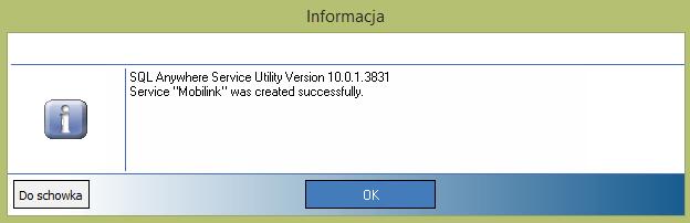 Po wskazaniu serwera oraz bazy danych, możemy zapisać konfigurację, co skutkuje uruchomieniem usługi serwera synchronizacji (replikacji) Mobilink.