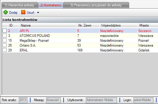 Zakładka Kontrahenci umożliwia przypisanie ankiety do wybranych kontrahentów.