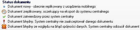 Widoki dokumentów zawierają trzy listy: listę nagłówków dokumentów (górna lista), listę pozycji dokumentów (w zakładce) oraz listę błędów dokumentów (w zakładce). Każdy dokument posiada status:!