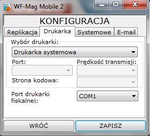 Konfiguracja drukarki Kolejna, trzecia zakładka o nazwie Systemowe, służy do definicji wyboru języka, rodzaju i wielkości czcionki.