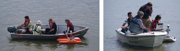 Pomiar natężenia przepływu wykonywany z łodzi z wykorzystaniem profilującego przepływomierza akustycznego RioGrande ADCP na Sandomierz, rzeka Wisła fot. Mikołaj Wydrych Fot. 24.