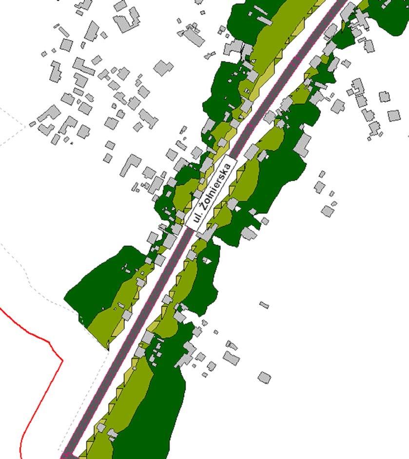 Obszar przekroczenia obejmuje większą część budynków znajdujących się przy ulicy. Przy części budynków występuje przekroczenie większe niż 10 db. Ul. Żołnierska na północ od skrzyżowania z ul.