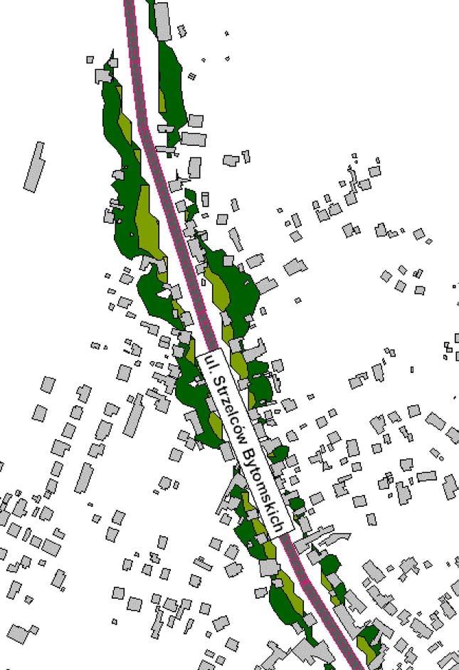 Obszar przekroczenia obejmuje miejscami pierwszą linię zabudowy lub opiera się miejscami o elewacje od strony ulicy. Przy części budynków występuje przekroczenie większe niż 5 db.