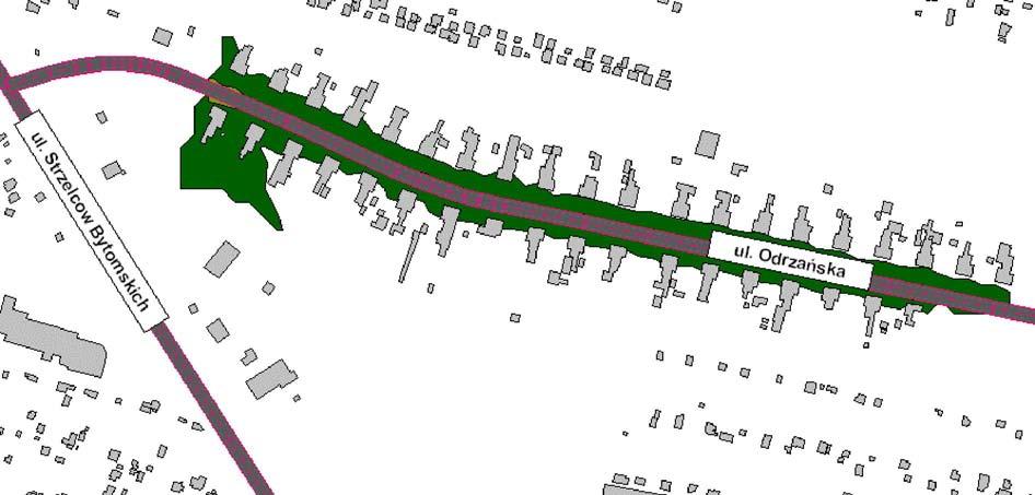 Ul. Odrzańska na wschód od skrzyżowania z ul. Strzelców Bytomskich Obszar przekroczenia obejmuje miejscami pierwszą linię zabudowy lub opiera się miejscami o elewacje od strony ulicy.
