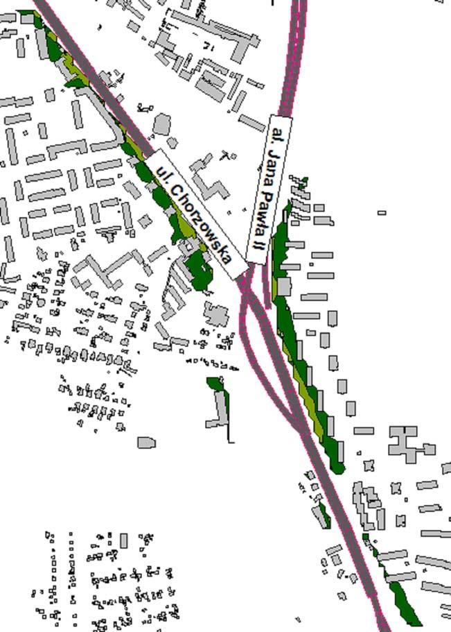 Obszar przekroczenia sięga pierwszej linii zabudowy i opiera się o elewacje od strony ulicy. Przy części budynków występuje przekroczenie większe niż 5 db. Rejon skrzyżowania ulicy Chorzowskiej i al.