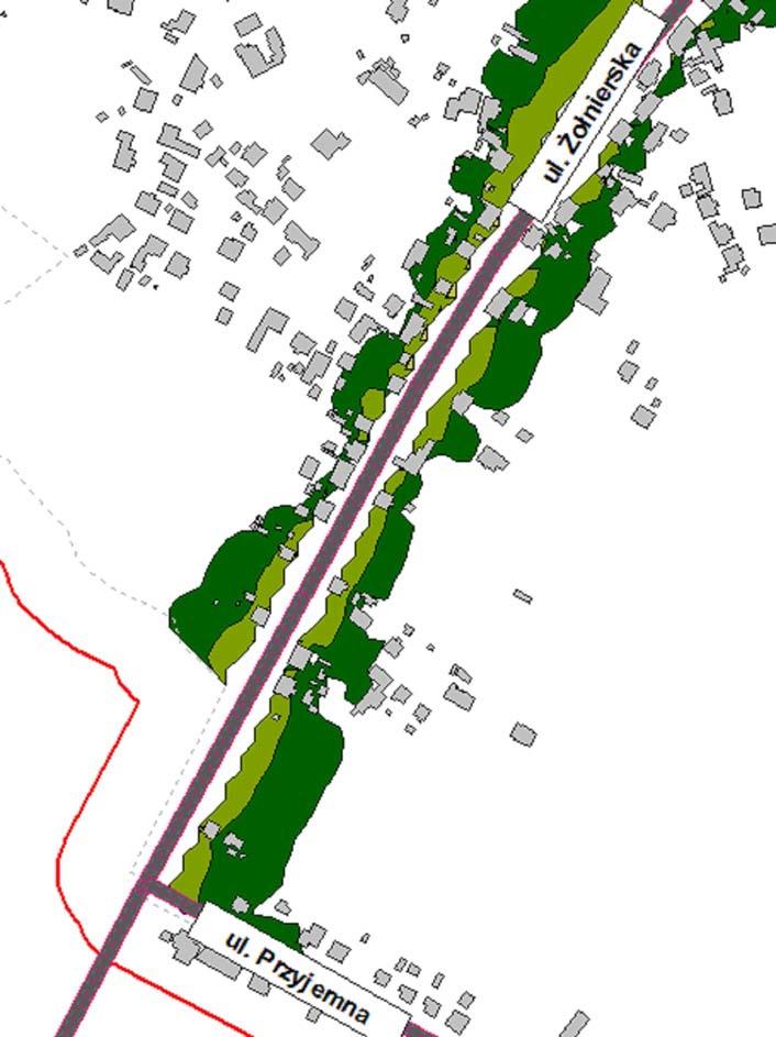 Obszar przekroczenia obejmuje miejscami pierwszą linię zabudowy lub opiera się miejscami o elewacje od strony ulicy. Przy części budynków występuje przekroczenie większe niż 5 db.