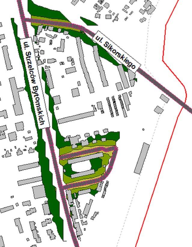 Rejon skrzyżowania ulic Strzelców Bytomskich i Sikorskiego Obszar przekroczenia obejmuje miejscami pierwszą linię zabudowy lub opiera się miejscami o elewacje od strony ulicy.