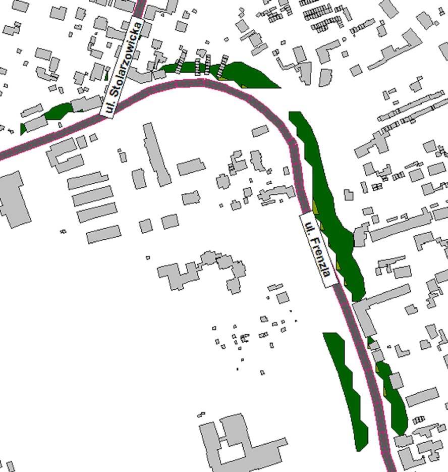 Obszar przekroczenia sięga pierwszej linii zabudowy i opiera się na najbliższych od strony ulicy elewacjach. Rejon ul. Frenzla na południe od skrzyżowania z ul.
