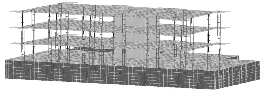 Geotechnika 719 Rys. 9. Obliczeniowy model MES dla stanu po zabetonowaniu stropu nad 2. piętrem Rys. 10. SpręŜyste ugięcia płyty fundamentowej przy obciąŝeniach w chwili zarysowania słupów 3.