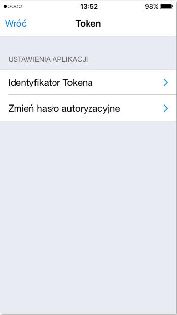 Ustawienia aplikacji Opcja ustawienia aplikacji db Token umożliwia: - dostęp do Identyfikatora Tokena aplikacyjnego z opcją zmiany, - zmianę Hasła