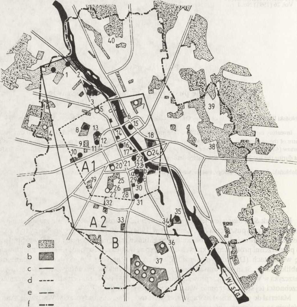 the Table 1), b - urban green areas with old trees, с - area investigated by 7 2 the author (Al + A2 = 240 km ),