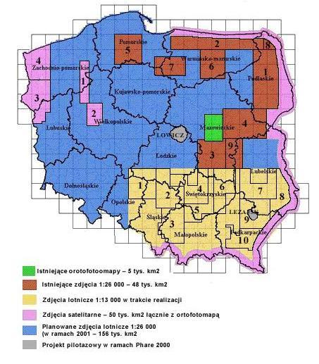 Rys. nr 2 źródłowych Lokalizacja na obszarze kraju wykorzystywanych różnych danych Dla praktycznej realizacji serwisu internetowego Centralny Ośrodek Dokumentacji Geodezyjnej i Kartograficznej