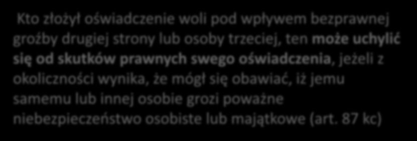 Ochrona osoby dotkniętej otępieniem Groźba Kto złożył oświadczenie woli pod wpływem bezprawnej groźby drugiej strony lub osoby trzeciej, ten może uchylić się od skutków