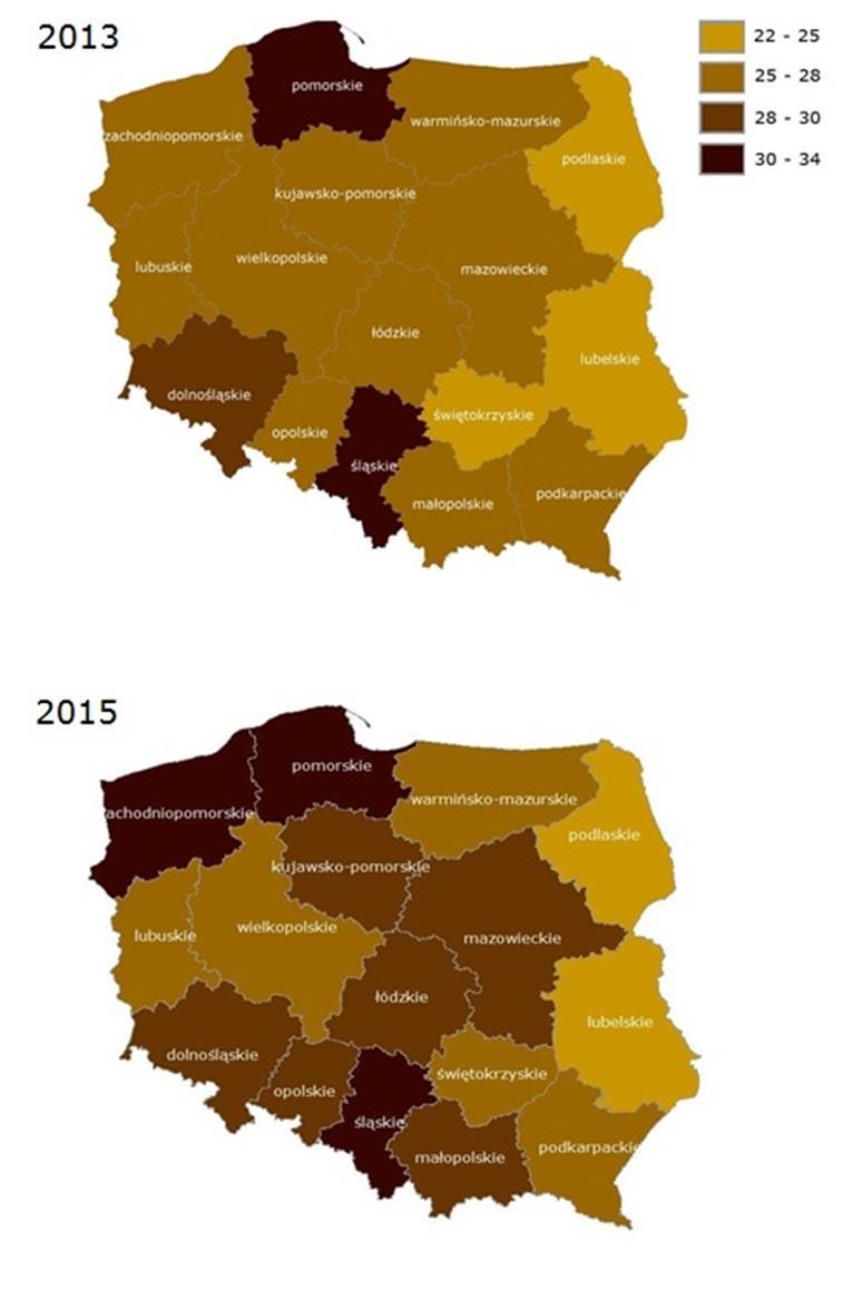 Obszar IV (Zdolność i przygotowanie otoczenia do wykorzystania potencjału starzejącego się społeczeństwa) W II edycji wskaźnika w tym obszarze najwyższe wartości mają województwa: pomorskie, śląskie