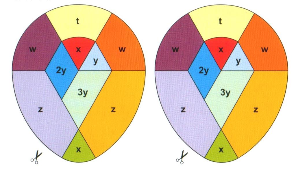 Algebraiczne jaja (5 ) Wyrażenia algebraiczne x, y, z, w, t oraz 2y i 3y oznaczają pola części figur narysowanych poniżej. Zapisz jakie pole ma każda z tych figur.