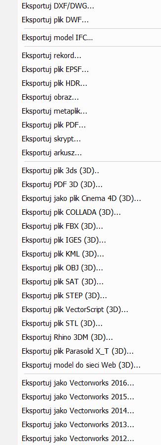 Eksport całego projektu utworzonego w Vectorworks 2017 lub jego części możliwy