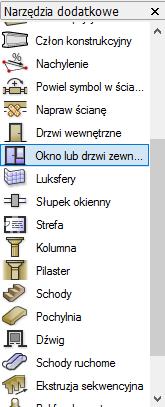 Wstawiamy okna i drzwi. Okna > Palety > Narzędzia dodatkowe > Okno lub drzwi zewnętrzne Zaznaczamy w palecie Okno i drzwi zewnętrzne, aby przejść do paska trybów tego narzędzia.