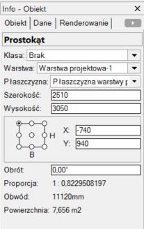 Paleta Info zawiera najważniejsze dane dotyczące aktywnego obiektu na rysunku.