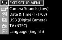 Rozdział 6: Korzystanie z menu Setup (Ustawienia) Menu Setup (Ustawienia) umo liwia okre lenie wielu ustawie aparatu takich jak d wi ki aparatu, data i czas oraz konfiguracja zł cz USB i TV.