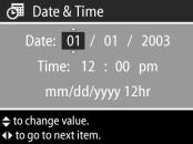 Data i czas Naci ni cie OK, gdy zaznaczona jest opcja Date & Time (Data i czas) w menu Setup (Ustawienia), powoduje pokazanie ekranu Date &Time(Data i czas).