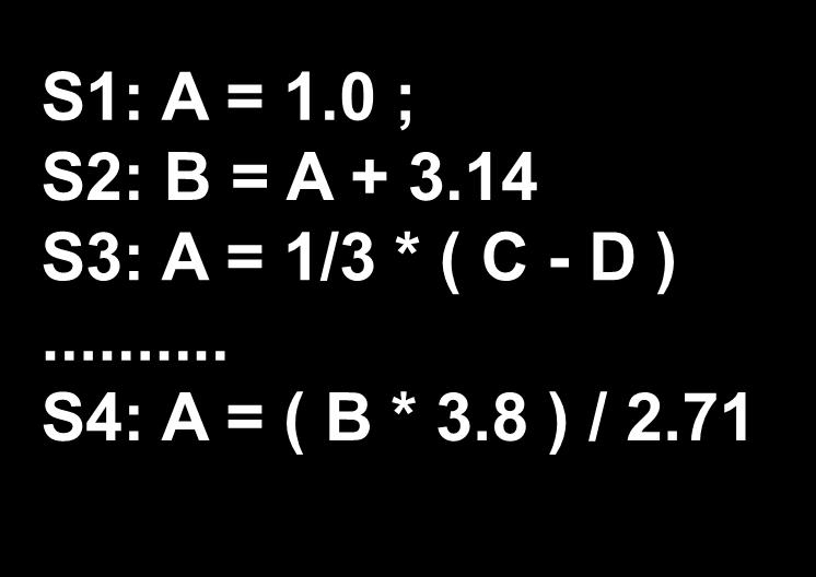 Informal data dependence definition S1: A = 1.0 ; S2: B = A + 3.14 S3: A = 1/3 * ( C - D )... S4: A = ( B * 3.8 ) / 2.71 Let s consider statement S2.