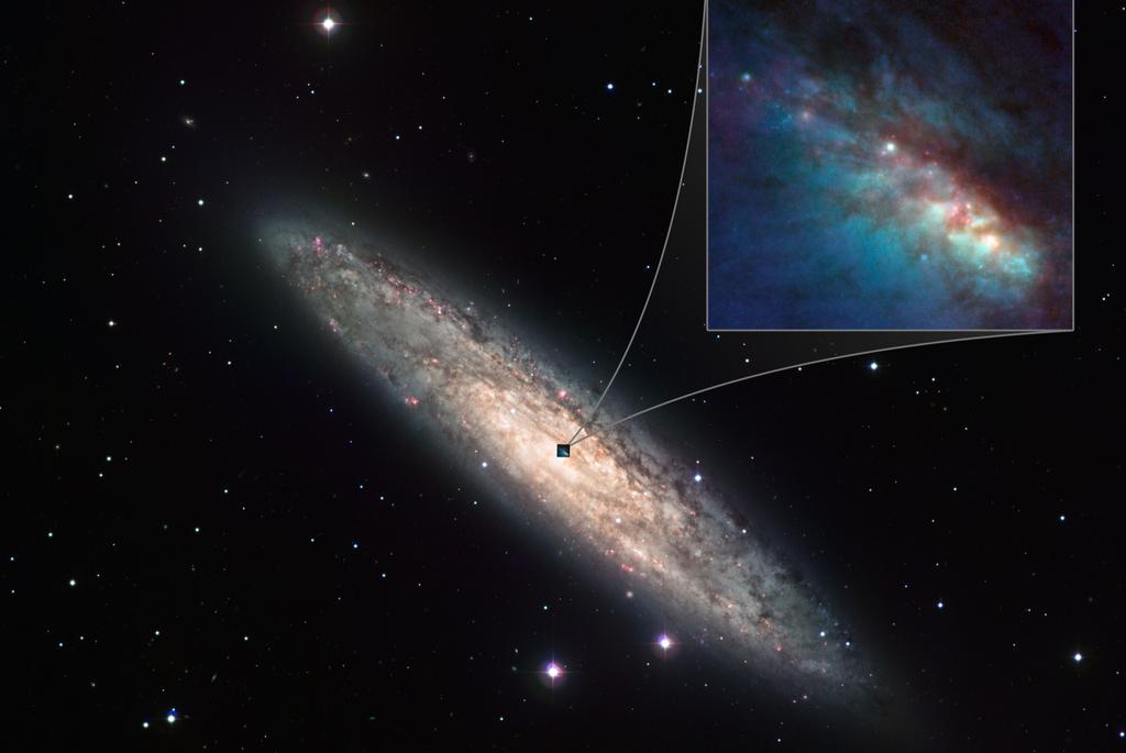 NGC 253 jest jedną z najjaśniejszych galaktyk spiralnych na niebie. Obraz powstał przez złożenie obrazów z HST i LVT z podczerwieni i zakresu optycznego.