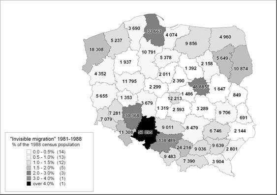 Przeszacowania w NSP 1988 Niewidzialne emigracje z Polski 1981 1988: ok.