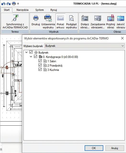 Także zmiana w ArCADia-TERMOCAD parametrów pomieszczeń, takich jak nazwa, temperatura czy funkcji ogrzewane/nieogrzewane znajdzie odzwierciedlenie na rysunku.
