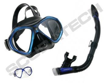 Viper, black silicone, blue frame + Snorkel SK 09 with valve with freetop black-blue Maska Orka, czarny silikon, czarna ramka