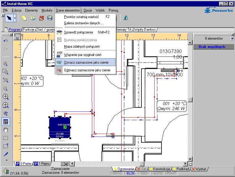 Lekcja 2: Instal-therm 4 HC 4. Zaznaczamy wprowadzone elementy za pomocą trybu multiselect z wciśniętym klawiszem Shift. Z menu Dane elementów wybieramy polecenie Oznacz zaznaczone jako cienie.