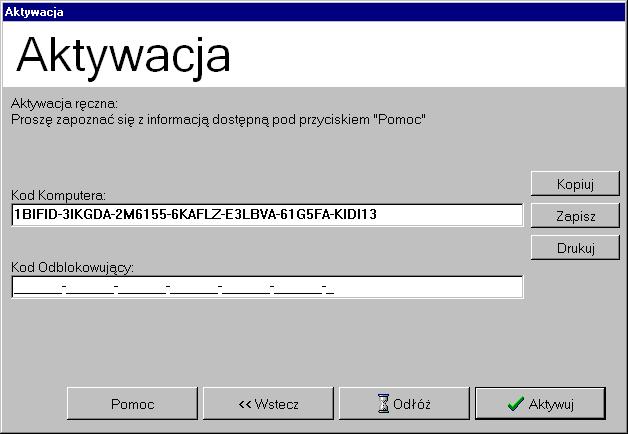 Aktywacja A.5. Ręczna aktywacja Jeśli na używanym komputerze nie mamy dostępu do Internetu wybieramy aktywację ręczną. Program przechodzi do ekranu aktywacji ręcznej.