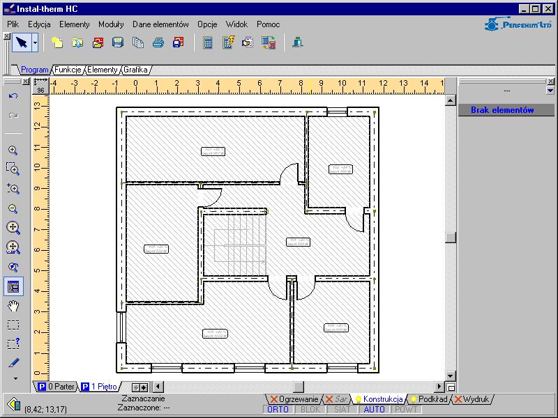 Lekcja 3: Instal-therm 4 HC + Instal-OZC 4 13.Powtarzamy kroki 1-8 jak opisano powyżej. 4.4. Uzupełnienie danych pomieszczeń Po zaimportowaniu i interpretacji rzutów dysponujemy obrazem konstrukcji budynku, w której program wyróżnił poszczególne pomieszczenia.