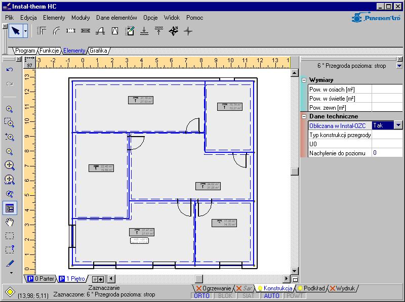 Lekcja 3: Instal-therm 4 HC + Instal-OZC 4 6. Na kondygnacji Piętro wstawiamy do pomieszczeń element typu Przegroda pozioma: podłoga oraz Przegroda pozioma: strop.