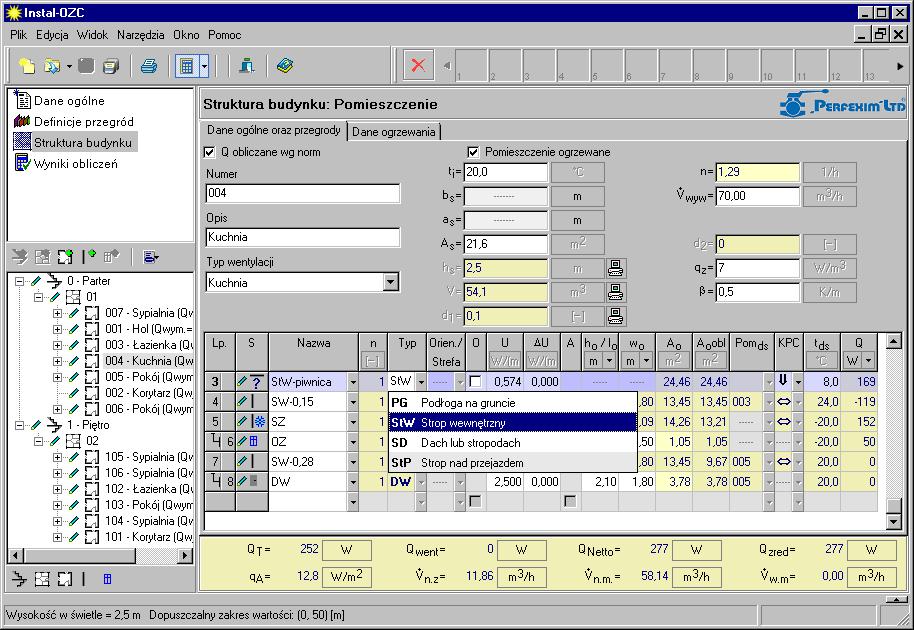 Lekcja 3: Instal-therm 4 HC + Instal-OZC 4 5. Program do wstawionych w edytorze graficznym przegród poziomych, czyli podłóg i stropów dopasowuje automatycznie typ przegrody.