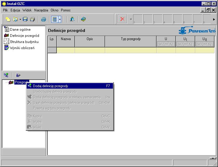 Lekcja 3: Instal-therm 4 HC + Instal-OZC 4 1. W górnym lewym oknie klikamy na pozycję Definicję przegród, a w dolnym na Przegrody.