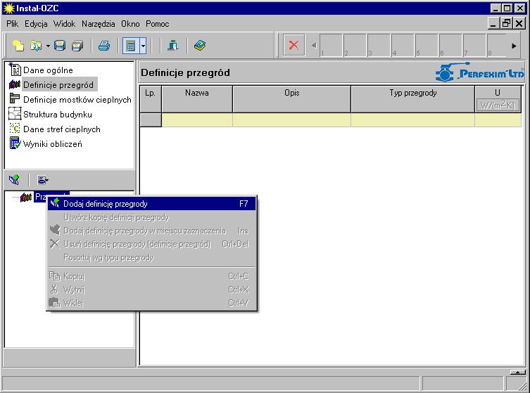 Lekcja 4: Instal-OZC 4 1. W górnym lewym oknie klikamy na pozycję Definicję przegród, a w dolnym na Przegrody.
