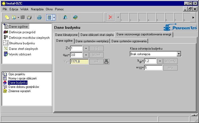 Lekcja 4: Instal-OZC 4 2. Po włączeniu obliczeń SZE należy wejść w Dane budynku i uzupełnić dane na zakładce Dane sezonowego zapotrzebowania energii.