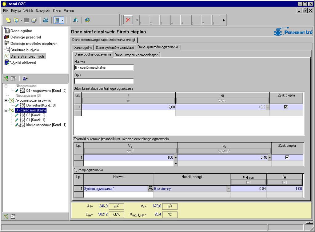 Lekcja 4: Instal-OZC 4 4. Na zakładce Dane systemów ogrzewania należy uzupełnić odcinki instalacji centralnego ogrzewania oraz zasobniki buforowe.