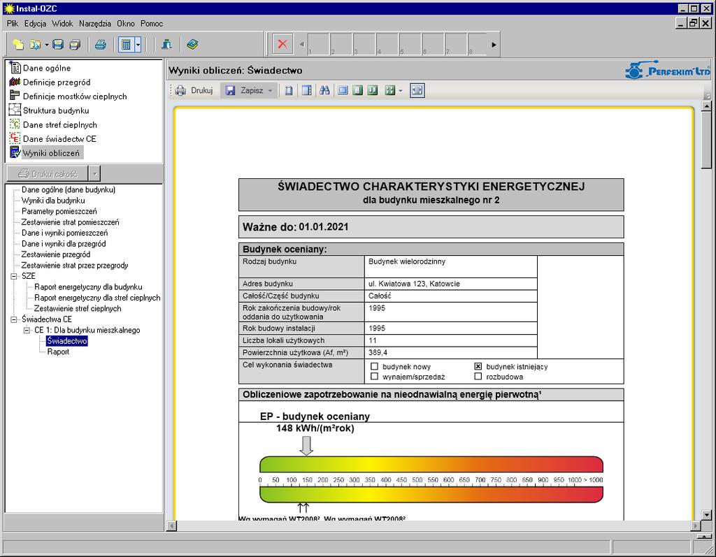 Lekcja 5: Instal-OZC 4 4. Aby wydrukować wyniki obliczeń dla świadectw CE należy wybrać przycisk Drukuj w prawym oknie ekranu. 5. Na wynikach CE prezentowanych w programie możliwe są następujące operacje: Zmiana parametrów strony w raporcie.