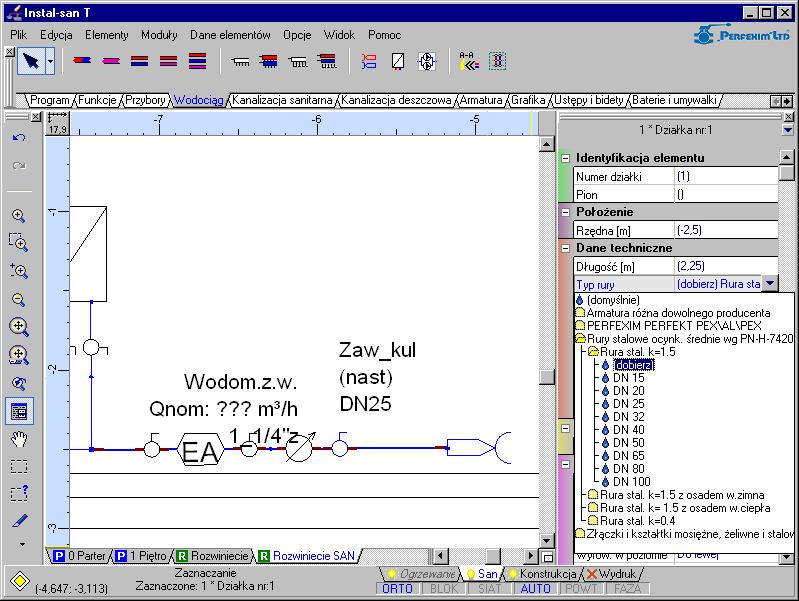 Lekcja 6: Instal-san 4 T 7.9. Wskazanie działek o typie rury innym niż domyślny Zdefiniowaliśmy wcześniej domyślny typ rury dla działek projektu. Teraz zadeklarujemy inny typ rury działce przyłącza.