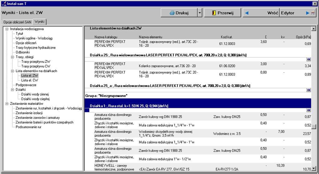 Lekcja 6: Instal-san 4 T 6. W tabeli tras przepływu wybieramy interesującą nas działkę ciepłej wody i klikamy na znaczek podwójnych strzałeczek znajdujących się przy typie działki.