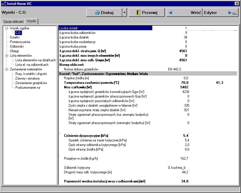 Lekcja 1: Instal-therm 4 HC 2.10. Przegląd wyników Zakładka Wyniki składa się z dwóch okien.