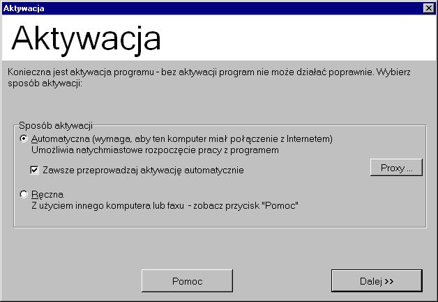 Aktywacja A.3. Sposoby aktywacji Po kliknięciu przycisku Dalej program zapyta o sposób aktywacji: Dla komputerów podłączonych do Internetu zalecana jest automatyczna aktywacja.